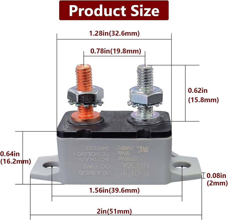 BFXM Auto Reset Circuit Breaker, Stud Type Circuit Breakers with Cover, 12V - 24V DC 20 Amp for RV Marine Boat Trolling, Car Engines and More 2PCS - Image 2